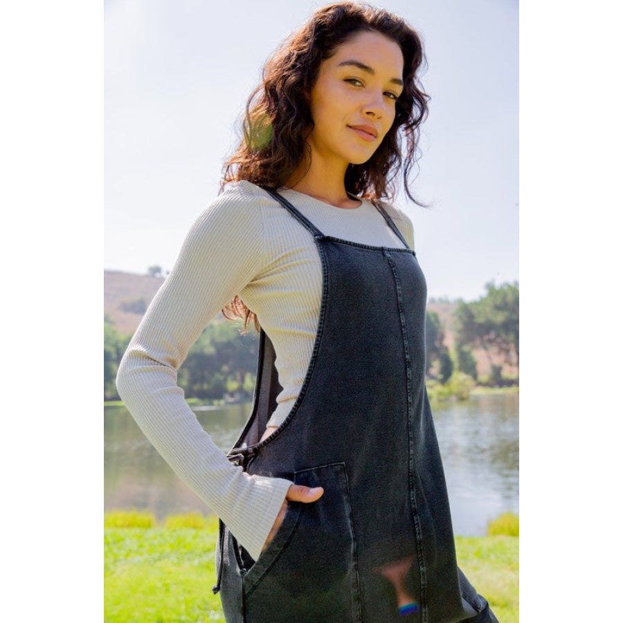 Mono B Drawstring Waist Spaghetti Strap Overalls with Pockets Black / S Apparel and Accessories