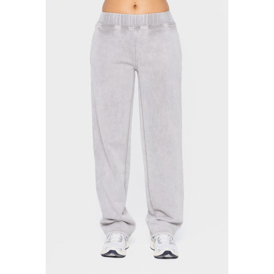 Mono B Elastic Waist Fleece Pants with Pockets Light Gray / S Apparel and Accessories