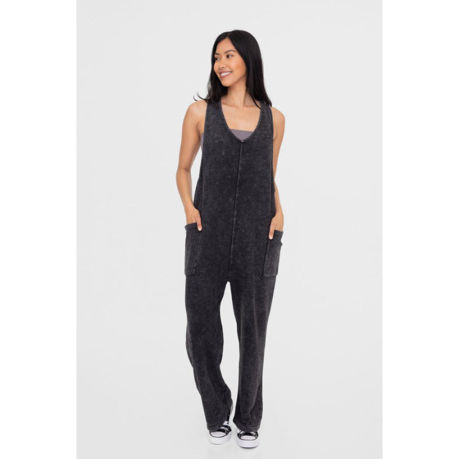 Mono B Mineral-Washed V Neck Overalls with Pockets Black / S Apparel and Accessories