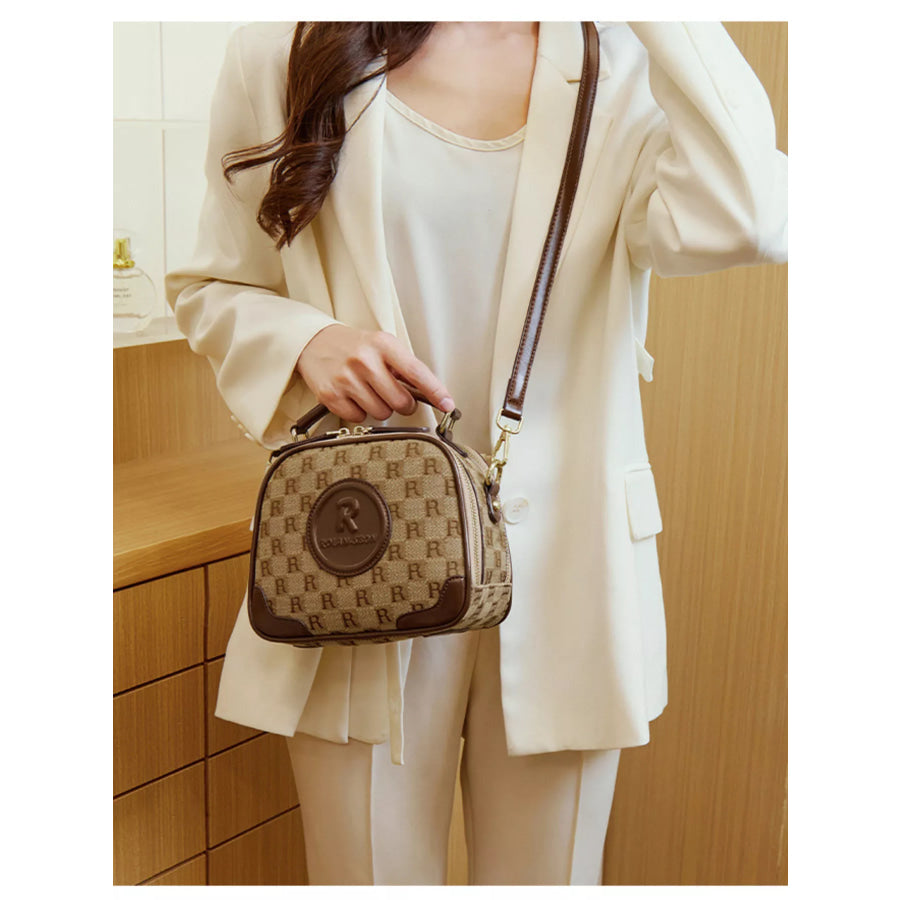 Monogram Pattern Crossbody Handbag with Top Handle Camel / onesize Apparel and Accessories