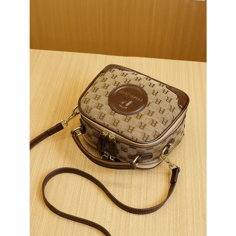 Monogram Pattern Crossbody Handbag with Top Handle Camel / onesize Apparel and Accessories