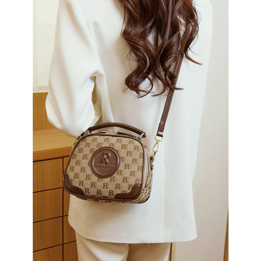 Monogram Pattern Crossbody Handbag with Top Handle Camel / onesize Apparel and Accessories