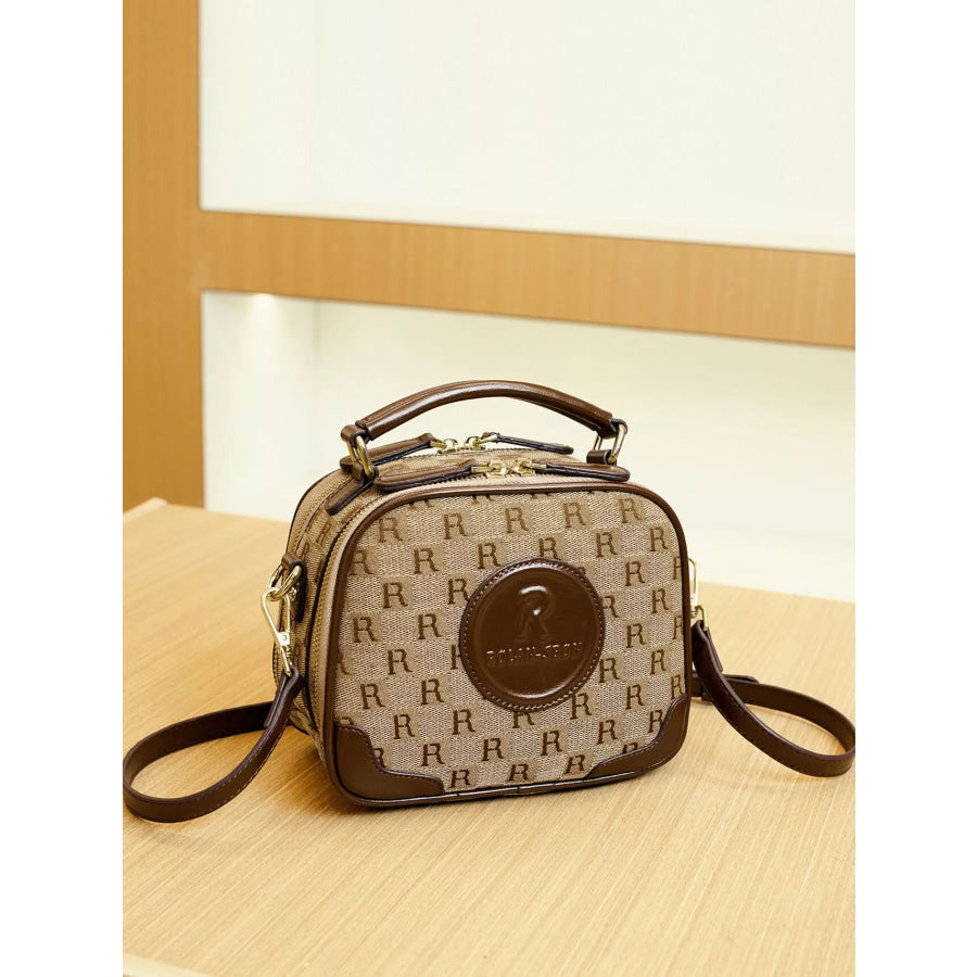 Monogram Pattern Crossbody Handbag with Top Handle Camel / onesize Apparel and Accessories