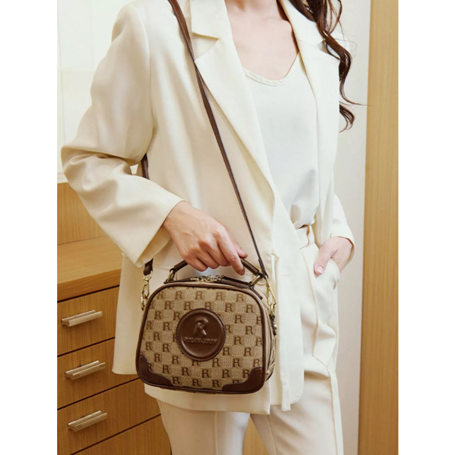 Monogram Pattern Crossbody Handbag with Top Handle Camel / onesize Apparel and Accessories