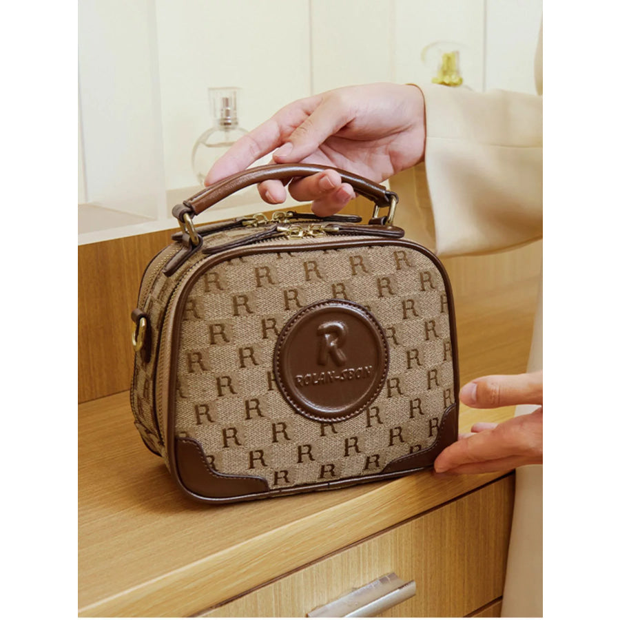 Monogram Pattern Crossbody Handbag with Top Handle Camel / onesize Apparel and Accessories