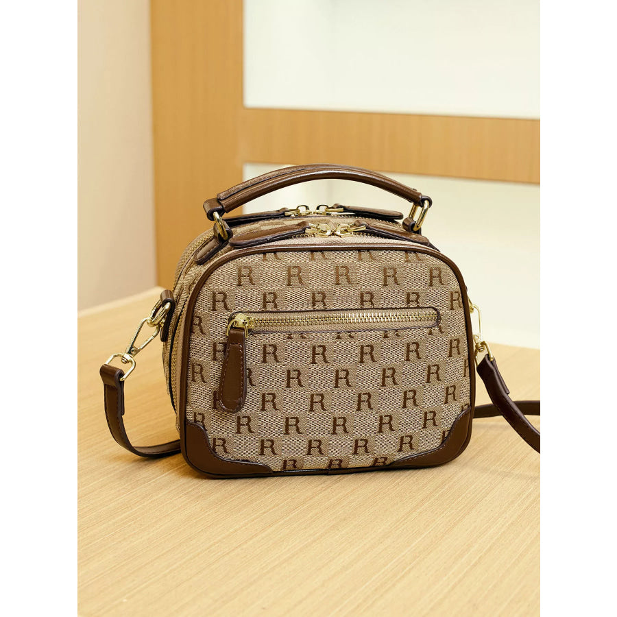 Monogram Pattern Crossbody Handbag with Top Handle Camel / onesize Apparel and Accessories