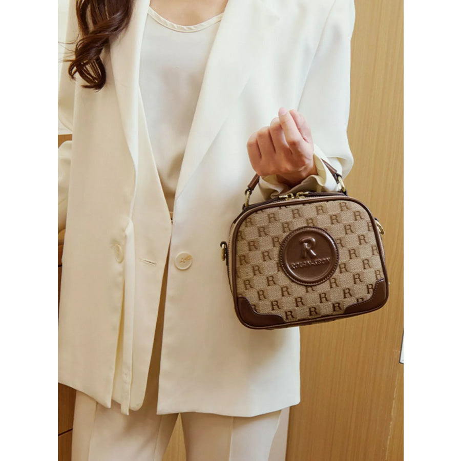 Monogram Pattern Crossbody Handbag with Top Handle Camel / onesize Apparel and Accessories