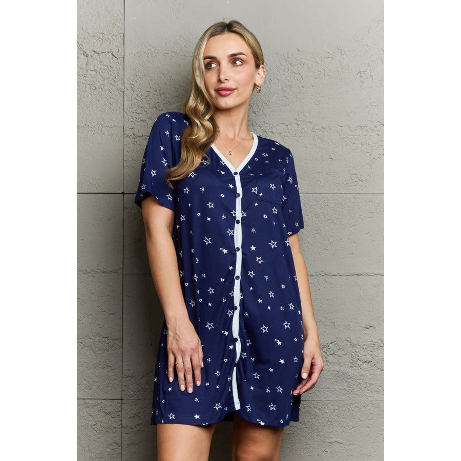 MOON NITE Quilted Quivers Button Down Sleepwear Dress Dark Blue / S Apparel and Accessories