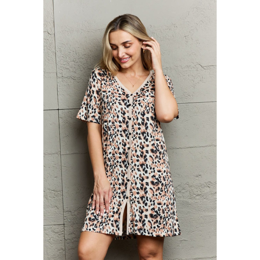 MOON NITE Quilted Quivers Button Down Sleepwear Dress Leopard / S Apparel and Accessories