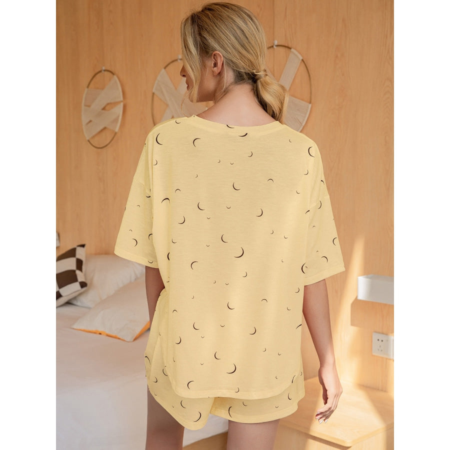 Moon Print T-Shirt and Shorts Lounge Set Butter Yellow / S