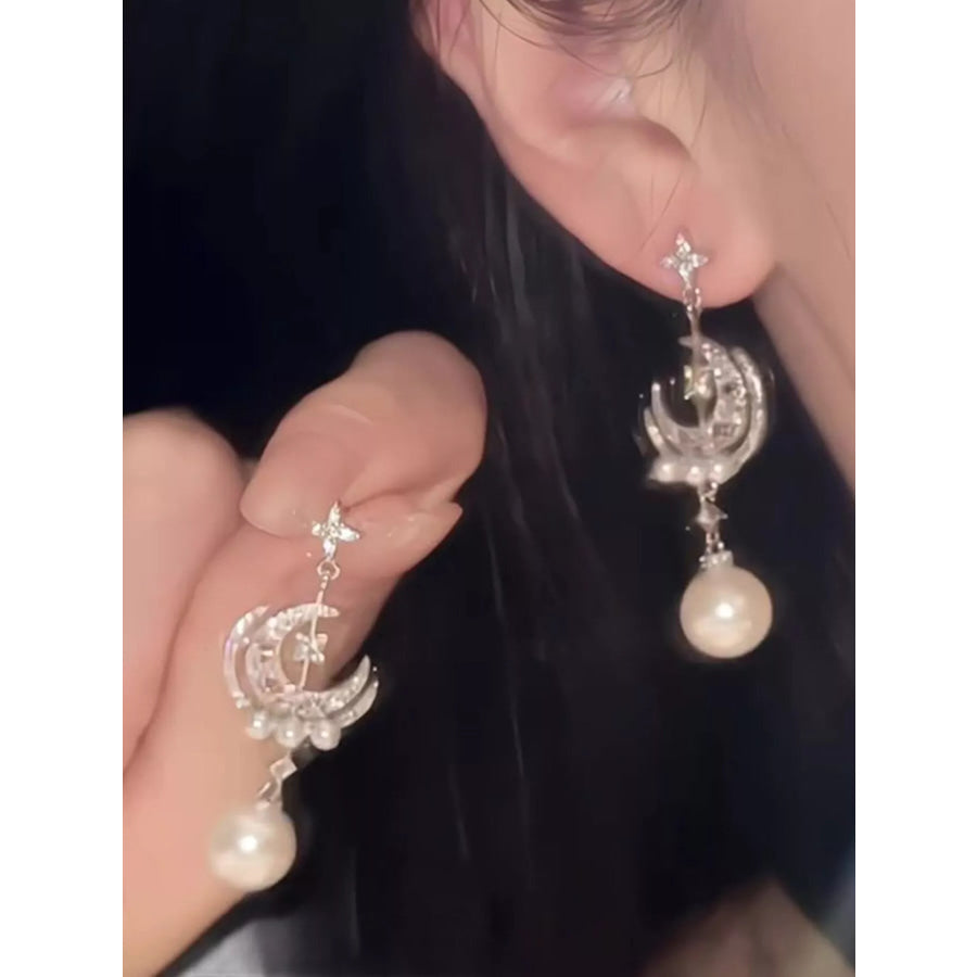 Moon & Star Pearl Dangle Earrings Silver / One Size Apparel and Accessories