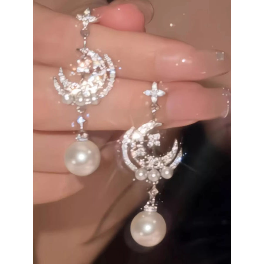 Moon & Star Pearl Dangle Earrings Silver / One Size Apparel and Accessories