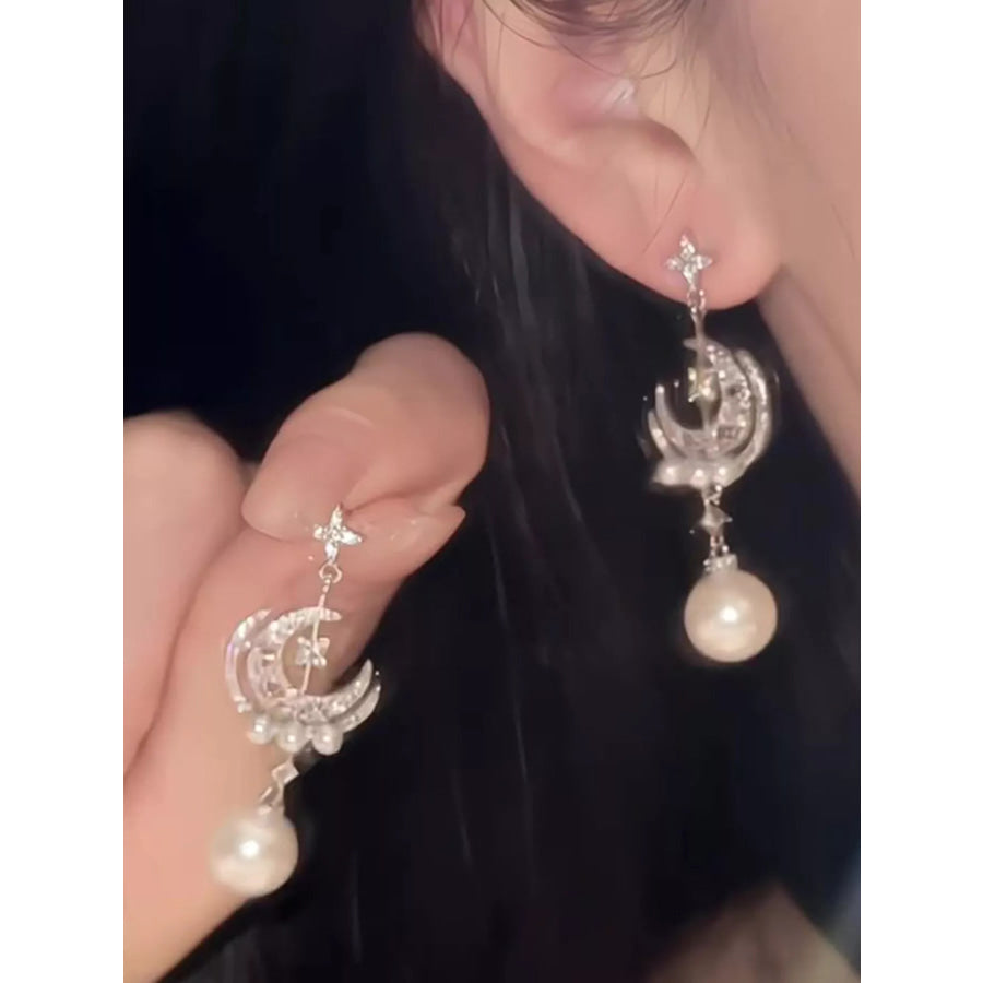 Moon & Star Pearl Dangle Earrings Silver / One Size Apparel and Accessories
