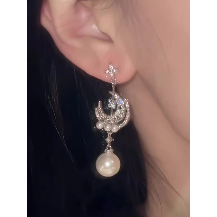 Moon & Star Pearl Dangle Earrings Silver / One Size Apparel and Accessories