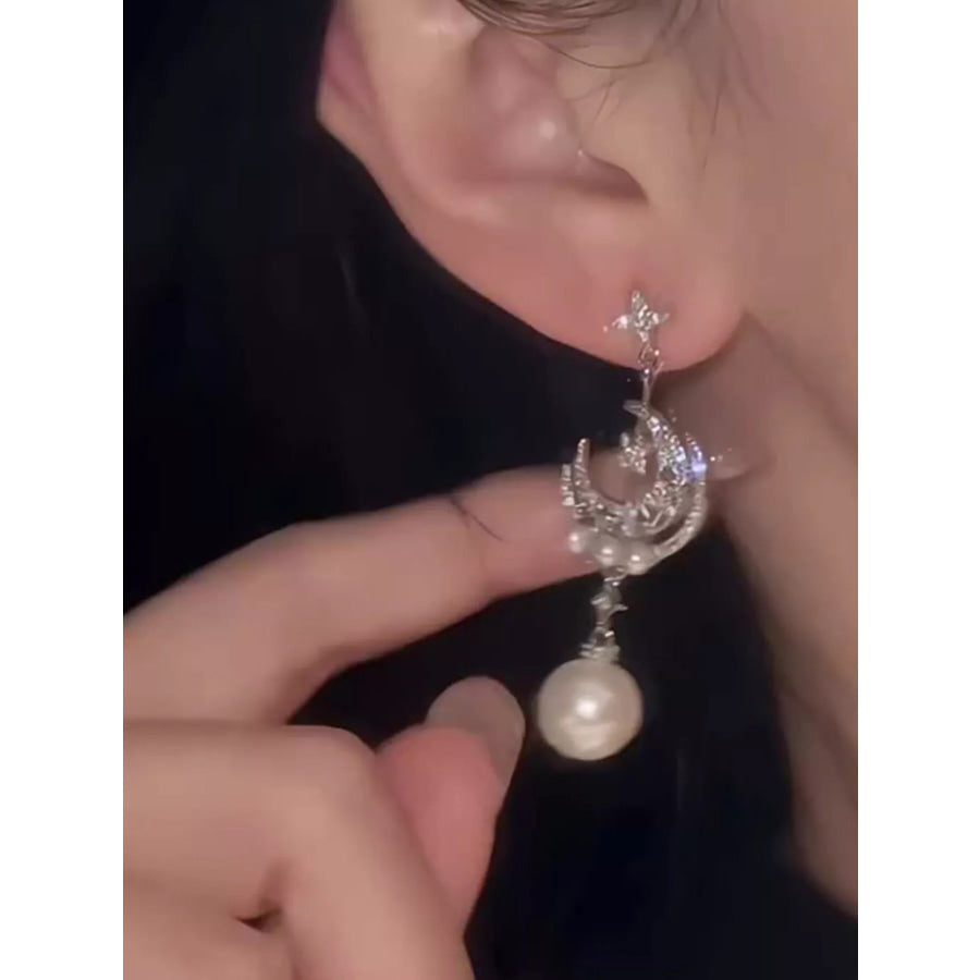 Moon & Star Pearl Dangle Earrings Silver / One Size Apparel and Accessories