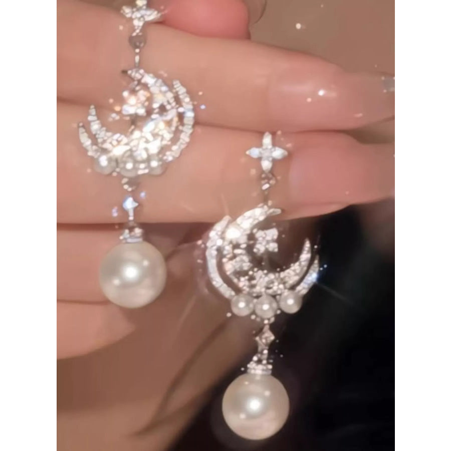 Moon & Star Pearl Dangle Earrings Silver / One Size Apparel and Accessories