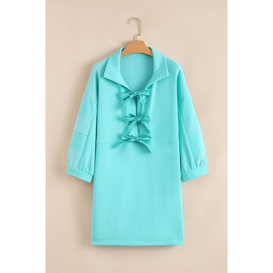 Moonlight Jade Bow Front Bracelet Sleeve Collared Side Pocket Shift Mini Dress Dresses/Mini Dresses