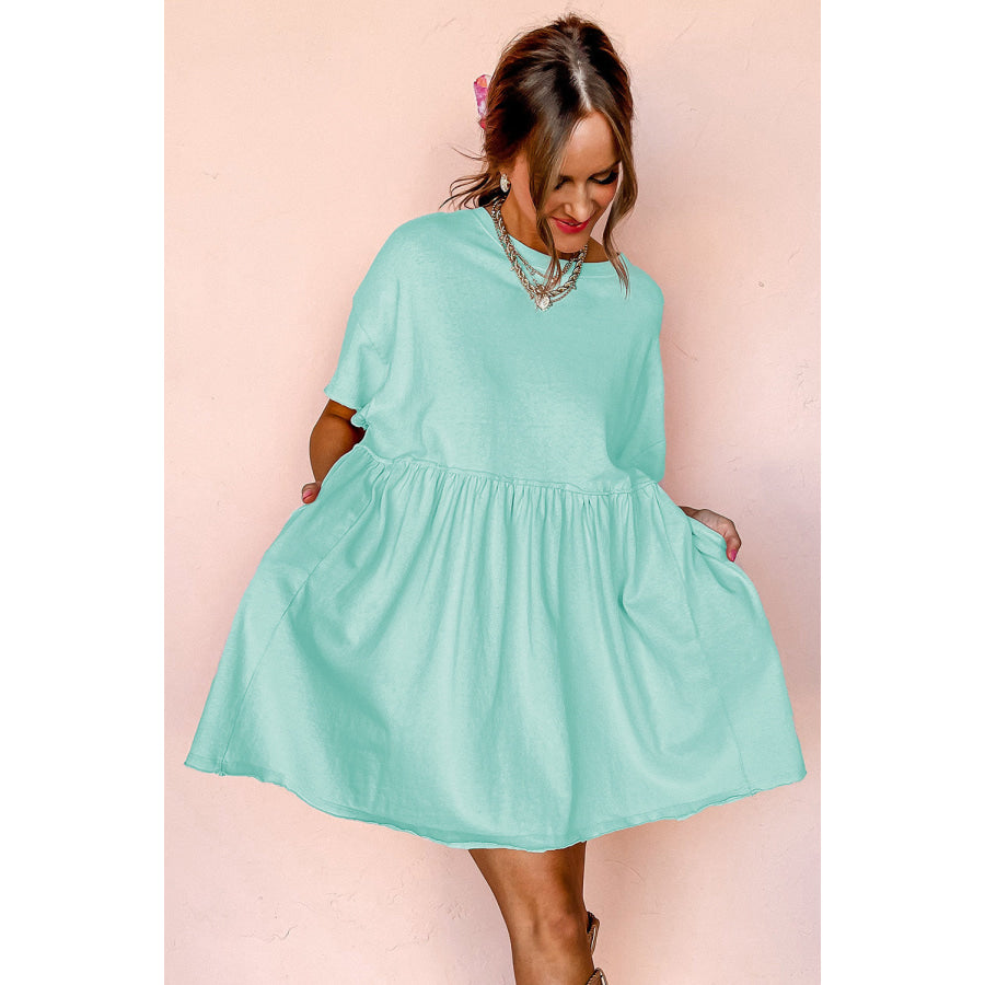 Moonlight Jade Solid Color Pocketed Raw Edge Babydoll Dress Dresses/Mini Dresses