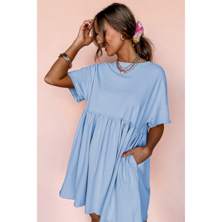 Moonlight Jade Solid Color Pocketed Raw Edge Babydoll Dress Dresses/Mini Dresses