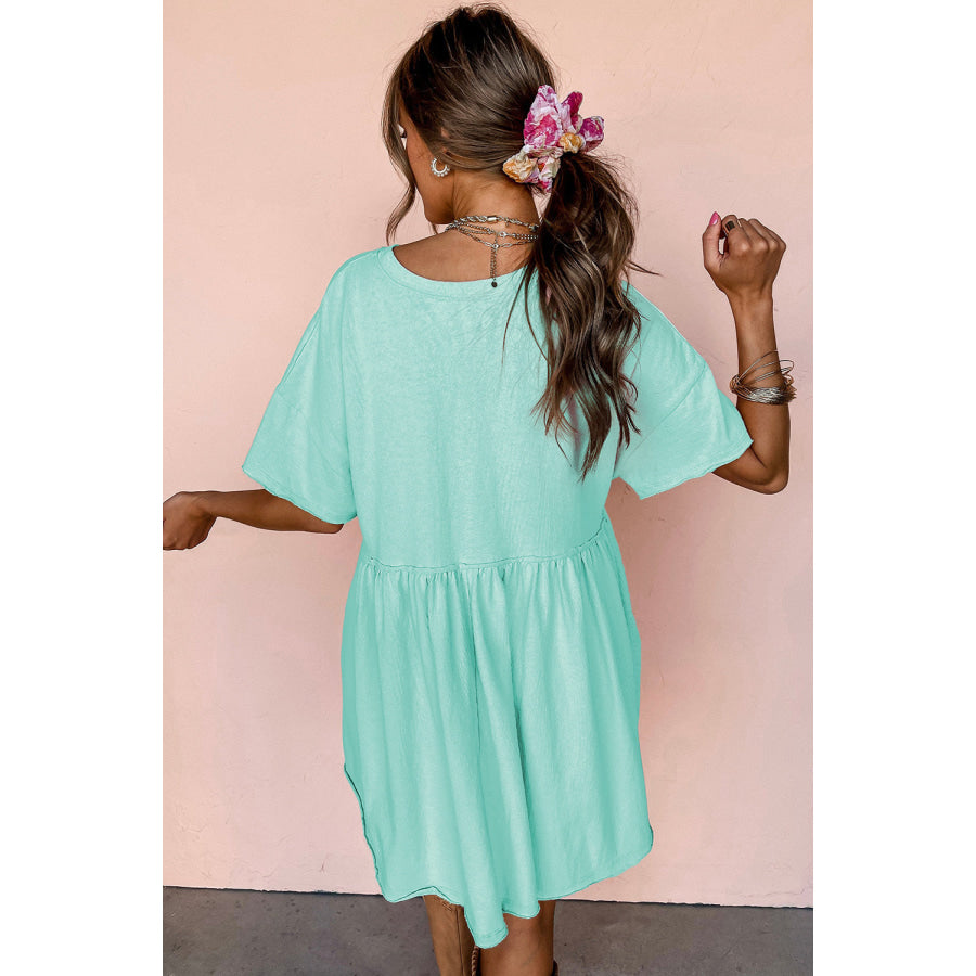 Moonlight Jade Solid Color Pocketed Raw Edge Babydoll Dress Dresses/Mini Dresses