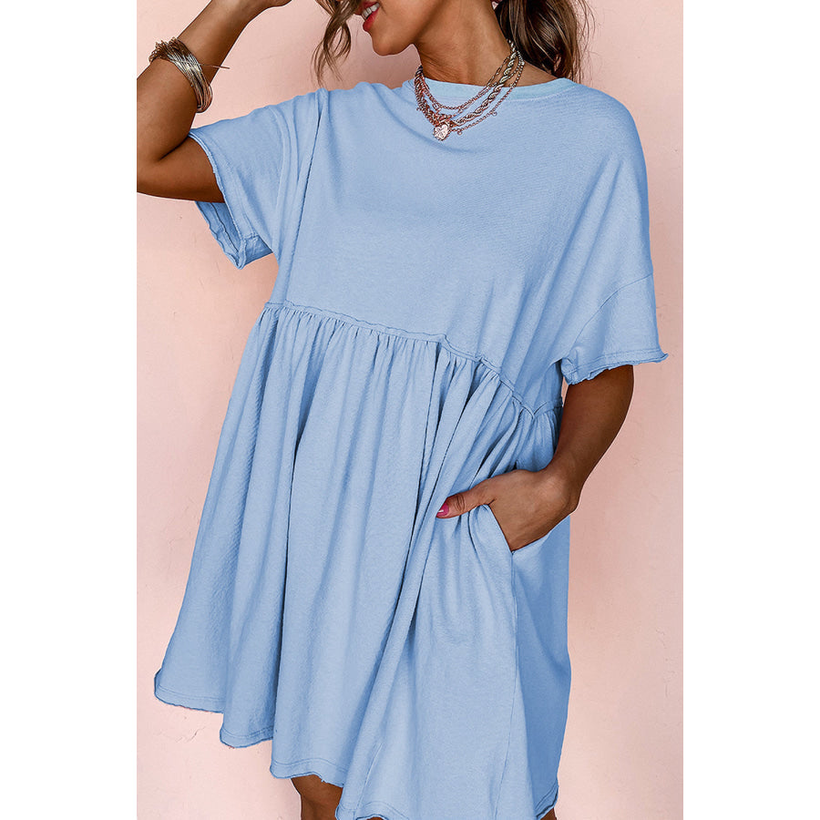 Moonlight Jade Solid Color Pocketed Raw Edge Babydoll Dress Dresses/Mini Dresses