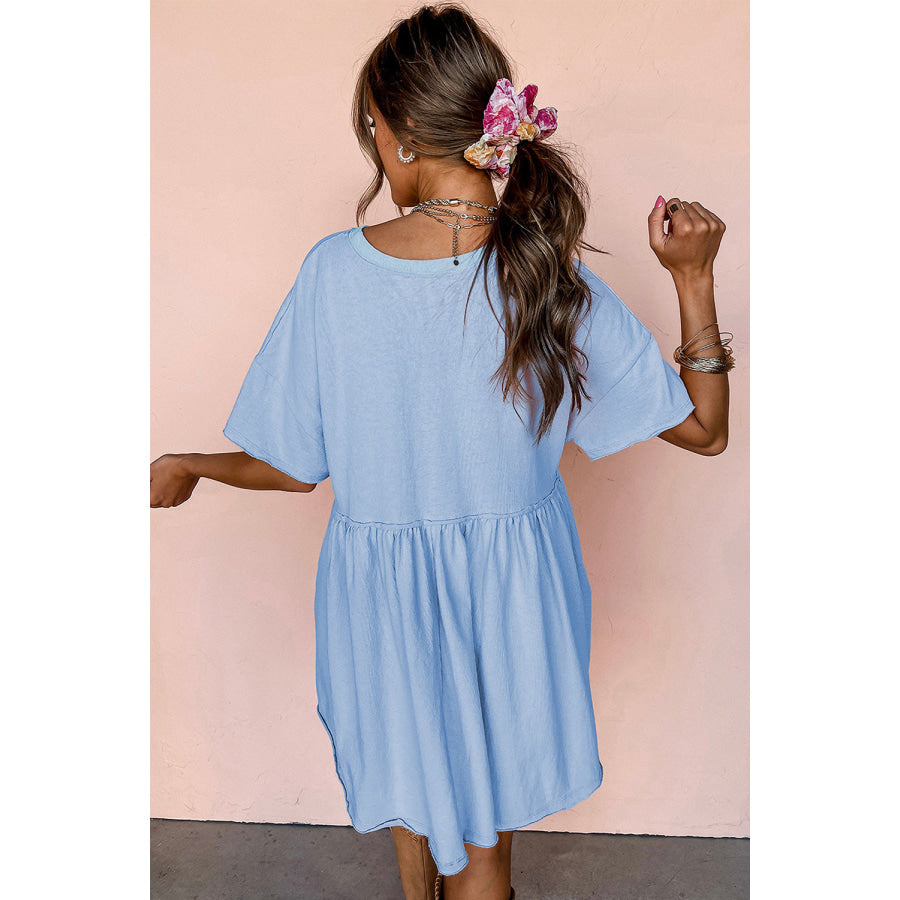 Moonlight Jade Solid Color Pocketed Raw Edge Babydoll Dress Dresses/Mini Dresses