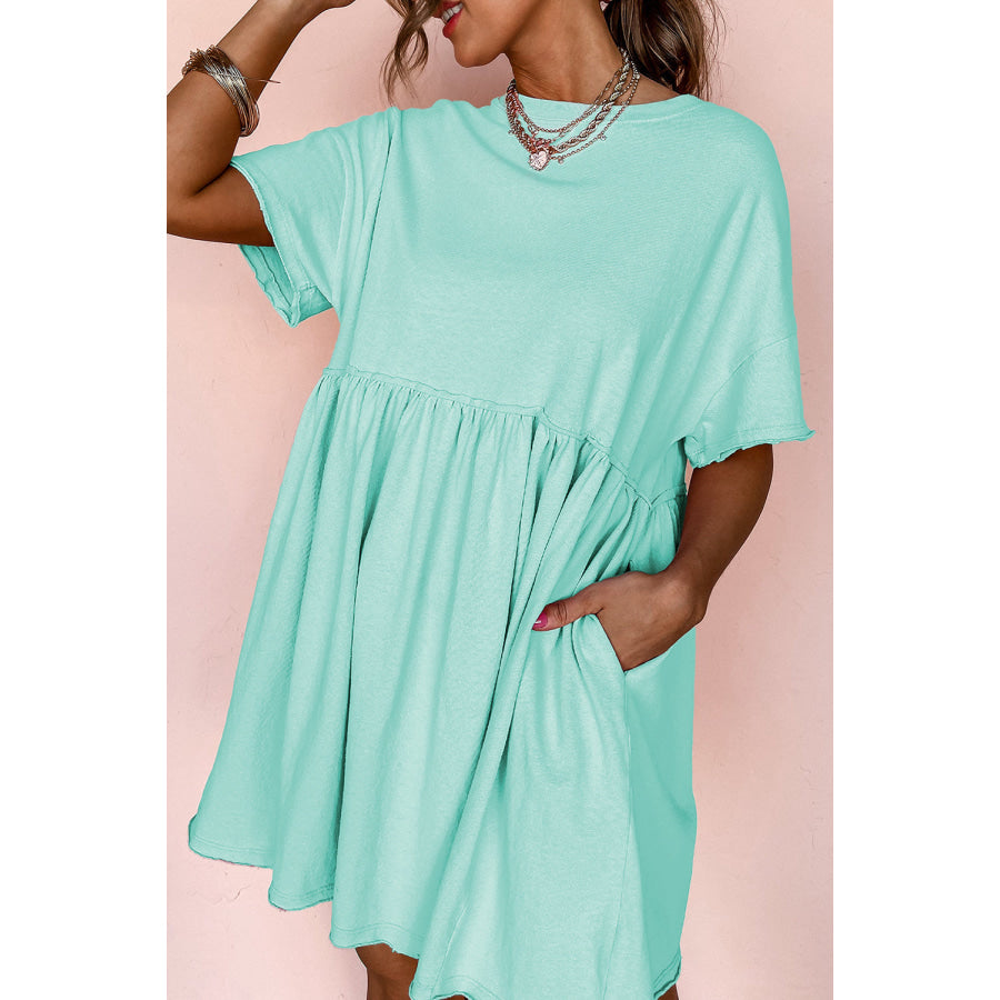Moonlight Jade Solid Color Pocketed Raw Edge Babydoll Dress Moonlight Jade / S / 62% Polyester + 32% Cotton + 6% Elastane Dresses/Mini