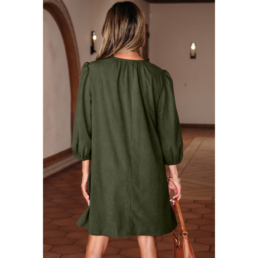 Moss Green Bracelet Sleeve Split Neck Scallop Detail Pleated Corduroy Mini Dress Moss Green / S / 100% Polyester Dresses/Mini Dresses
