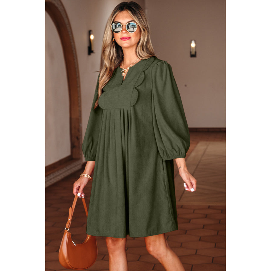 Moss Green Bracelet Sleeve Split Neck Scallop Detail Pleated Corduroy Mini Dress Dresses/Mini Dresses