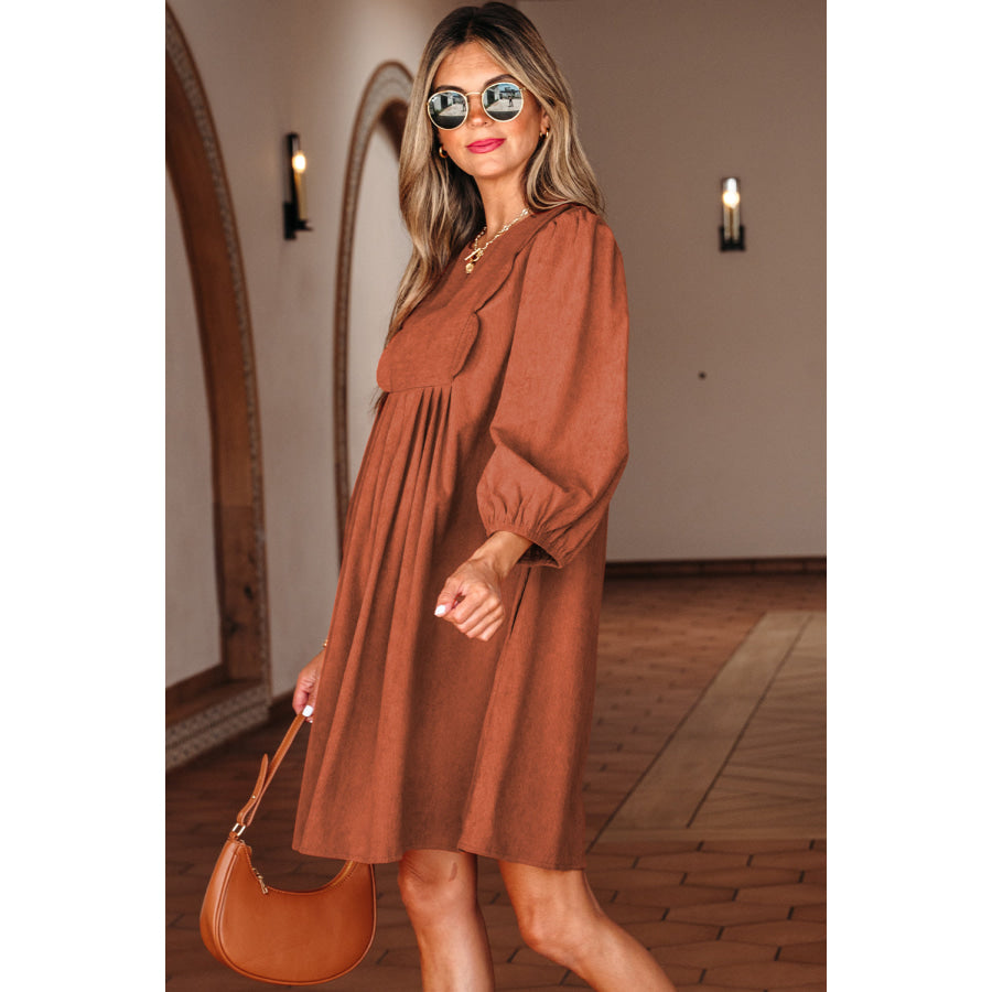 Moss Green Bracelet Sleeve Split Neck Scallop Detail Pleated Corduroy Mini Dress Dresses/Mini Dresses