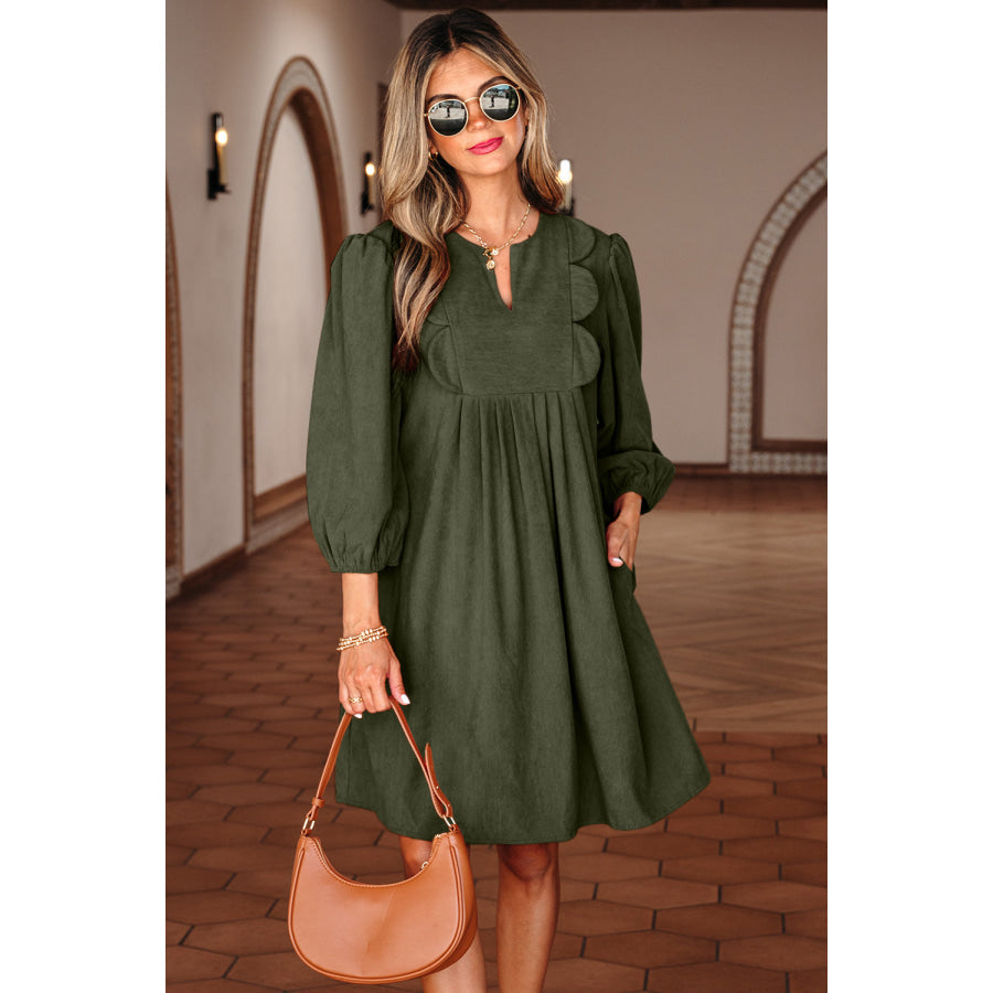 Moss Green Bracelet Sleeve Split Neck Scallop Detail Pleated Corduroy Mini Dress Moss Green / S / 100% Polyester Dresses/Mini Dresses