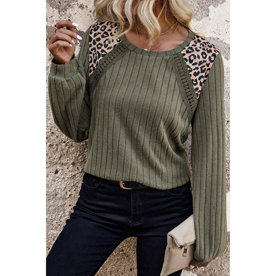 Moss Green Leopard Print Crochet Patchwork Rib Textured Knit Top Moss Green / S / 95% Polyester + 5% Elastane Tops/Long Sleeve Tops