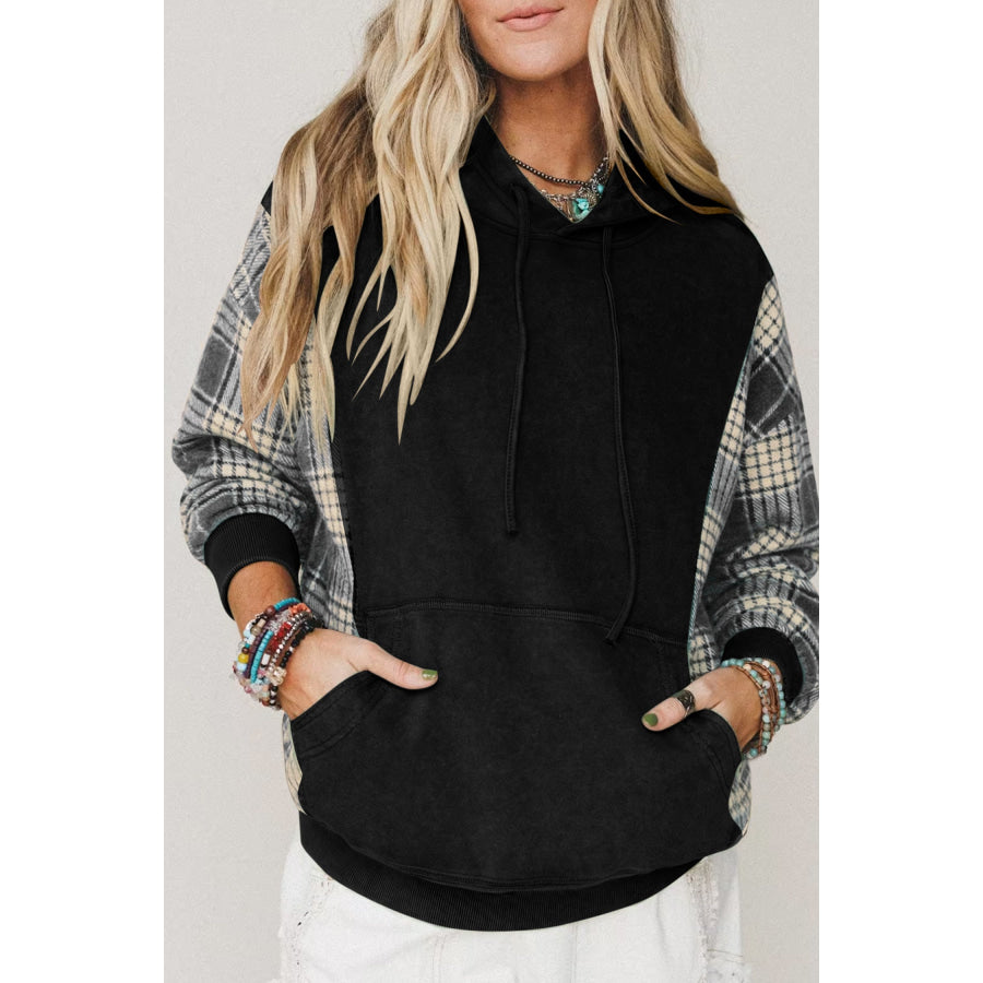Moss Green Plaid Sleeve Drawstring Pocket Hooded Sweatshirt Black / S / 100% Cotton Tops/Sweatshirts & Hoodies