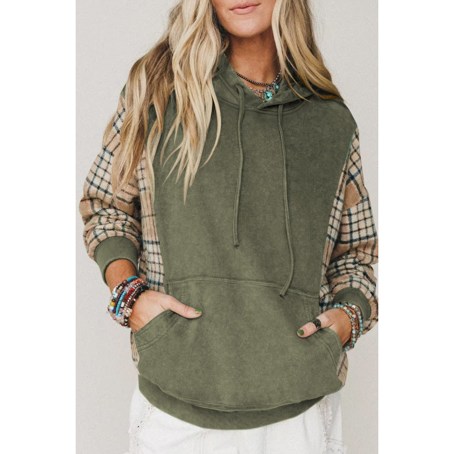 Moss Green Plaid Sleeve Drawstring Pocket Hooded Sweatshirt / S / 100% Cotton Tops/Sweatshirts & Hoodies