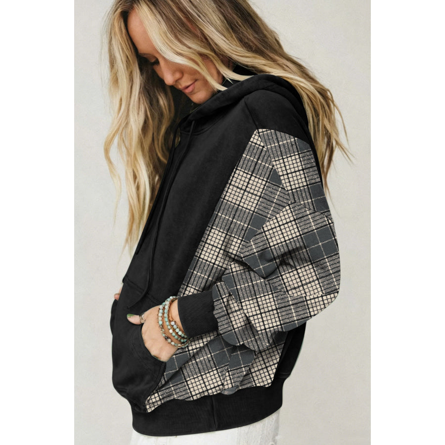 Moss Green Plaid Sleeve Drawstring Pocket Hooded Sweatshirt Tops/Sweatshirts & Hoodies