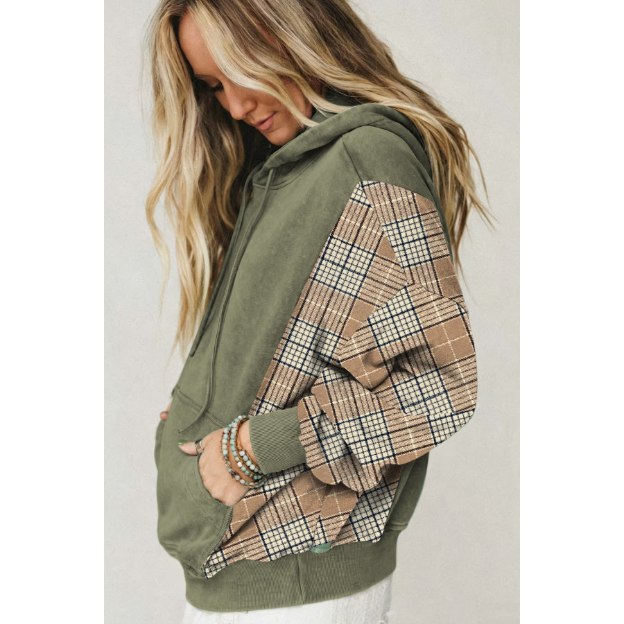 Moss Green Plaid Sleeve Drawstring Pocket Hooded Sweatshirt Tops/Sweatshirts & Hoodies