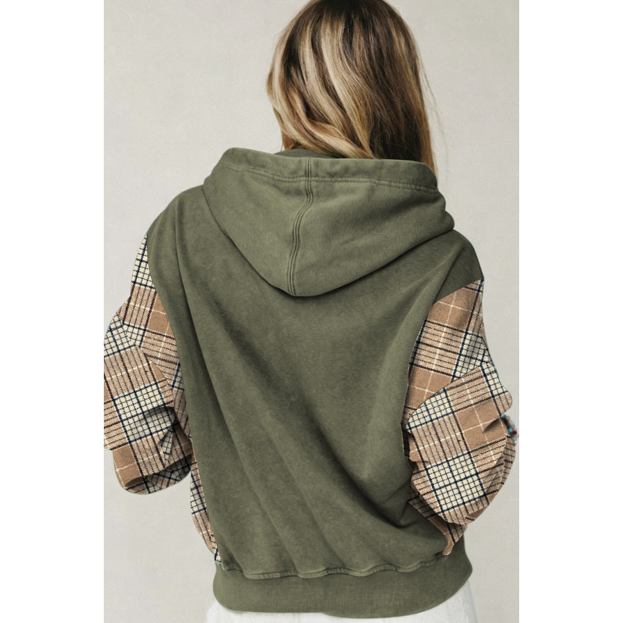 Moss Green Plaid Sleeve Drawstring Pocket Hooded Sweatshirt Tops/Sweatshirts & Hoodies
