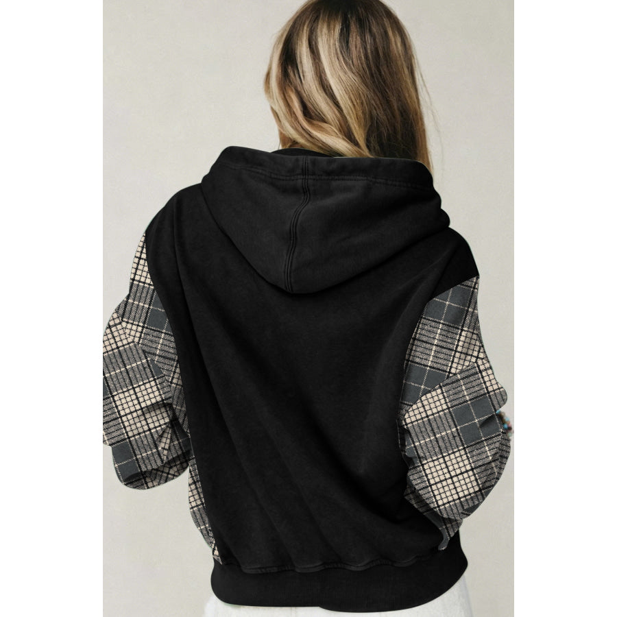 Moss Green Plaid Sleeve Drawstring Pocket Hooded Sweatshirt Tops/Sweatshirts & Hoodies
