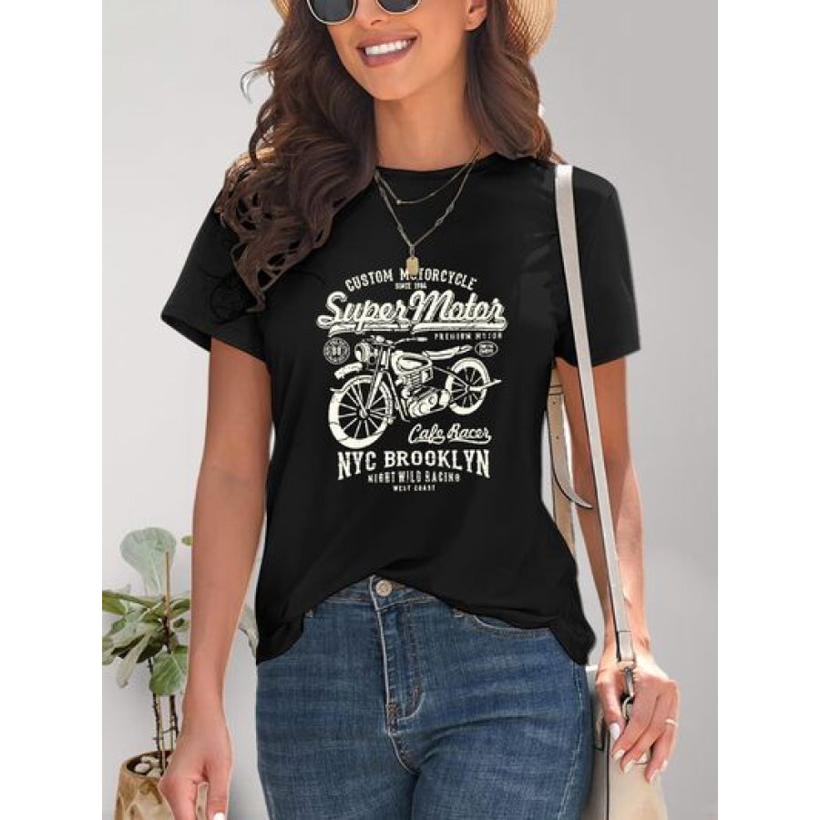 Motorcycle Graphic Round Neck T - Shirt Apparel and Accessories