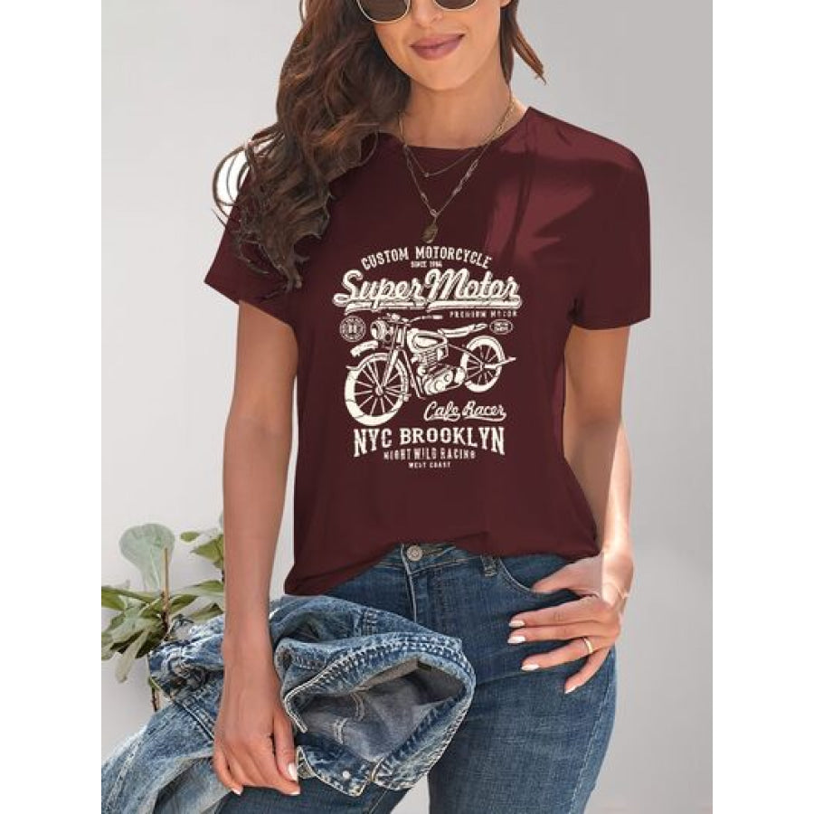 Motorcycle Graphic Round Neck T - Shirt Apparel and Accessories