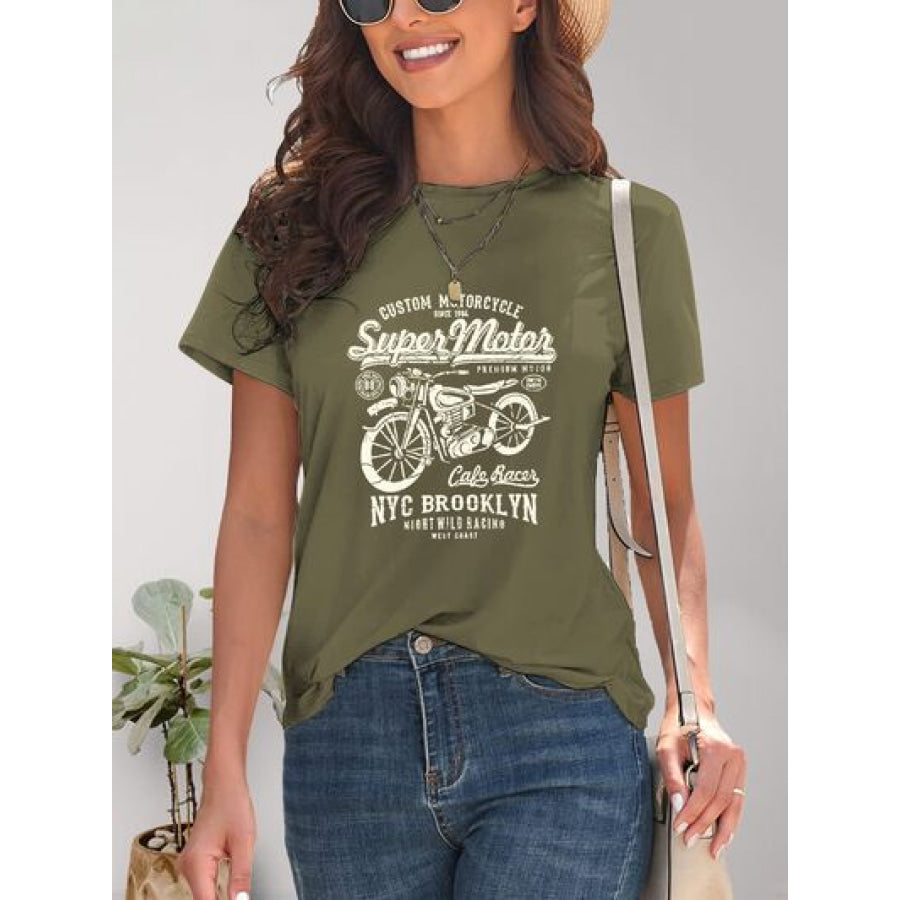 Motorcycle Graphic Round Neck T - Shirt Apparel and Accessories