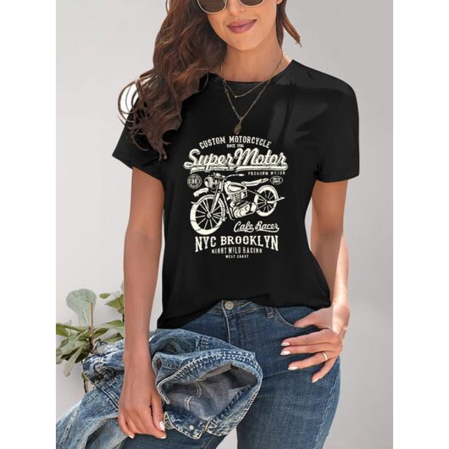 Motorcycle Graphic Round Neck T - Shirt Black / S Apparel and Accessories