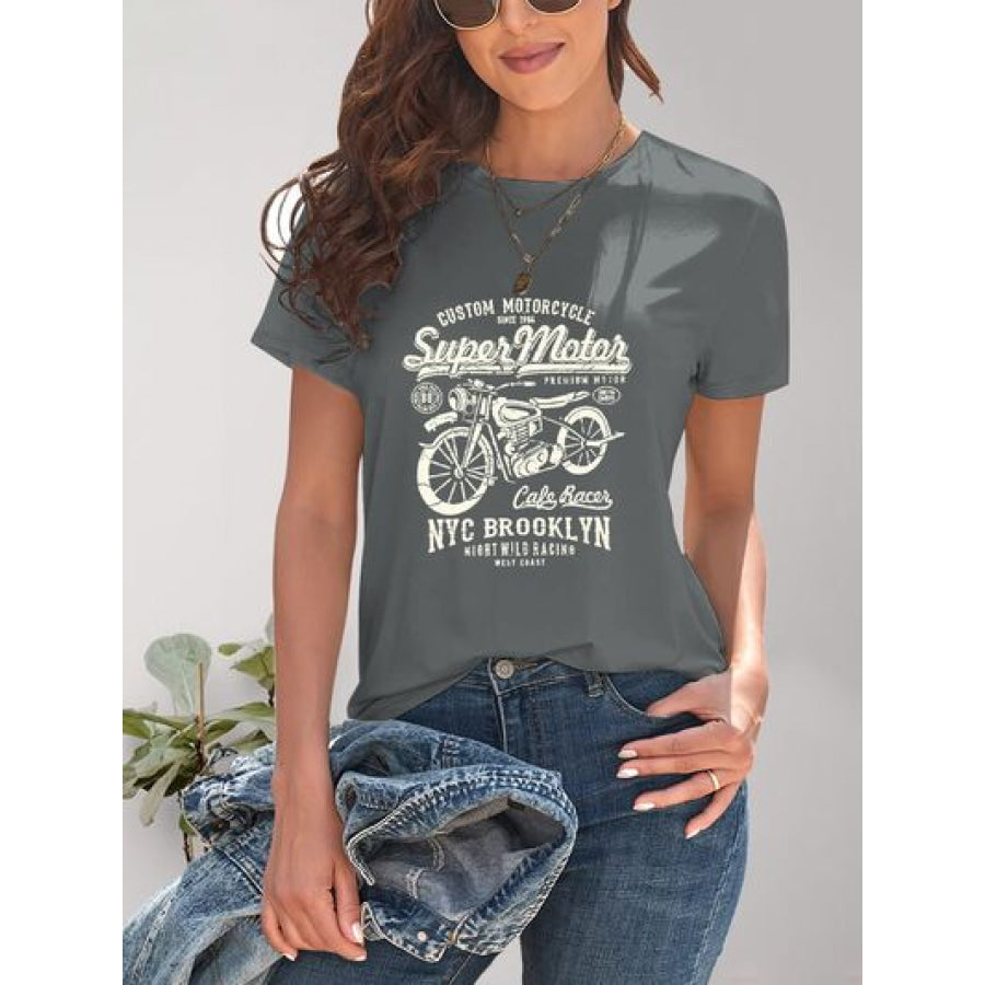 Motorcycle Graphic Round Neck T - Shirt Charcoal / S Apparel and Accessories