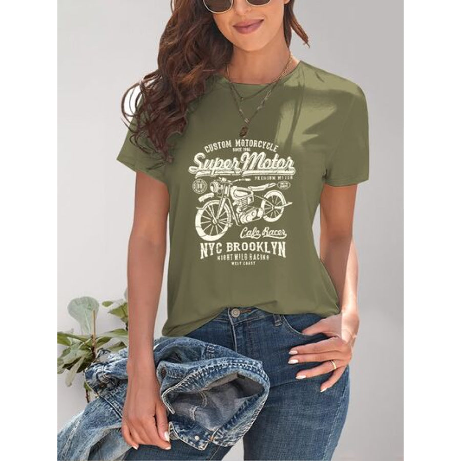 Motorcycle Graphic Round Neck T - Shirt Olive Brown / S Apparel and Accessories