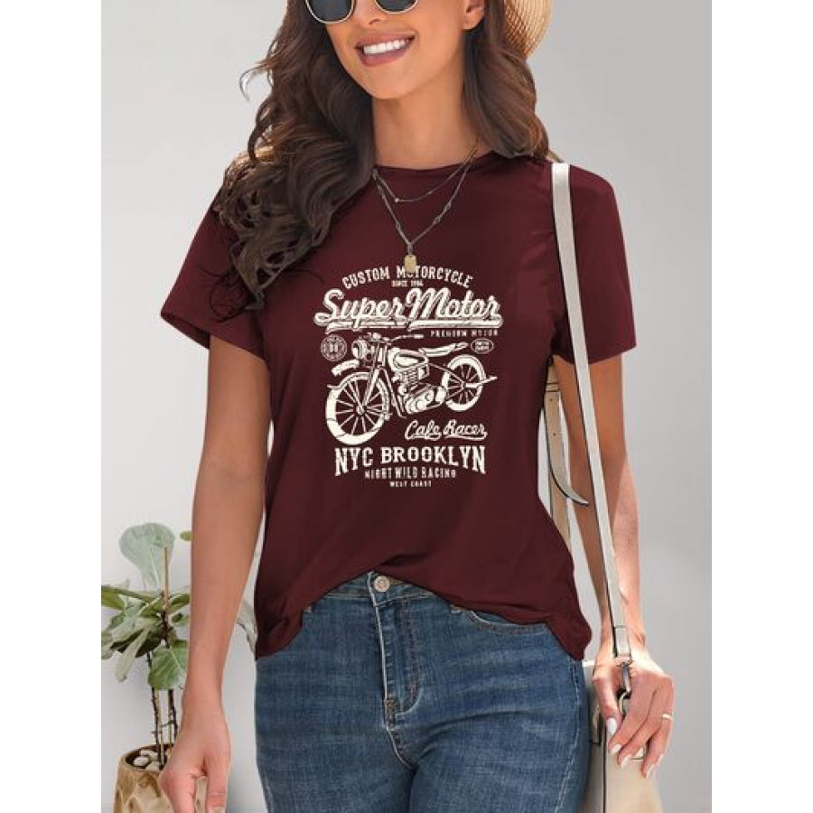 Motorcycle Graphic Round Neck T - Shirt Wine / S Apparel and Accessories