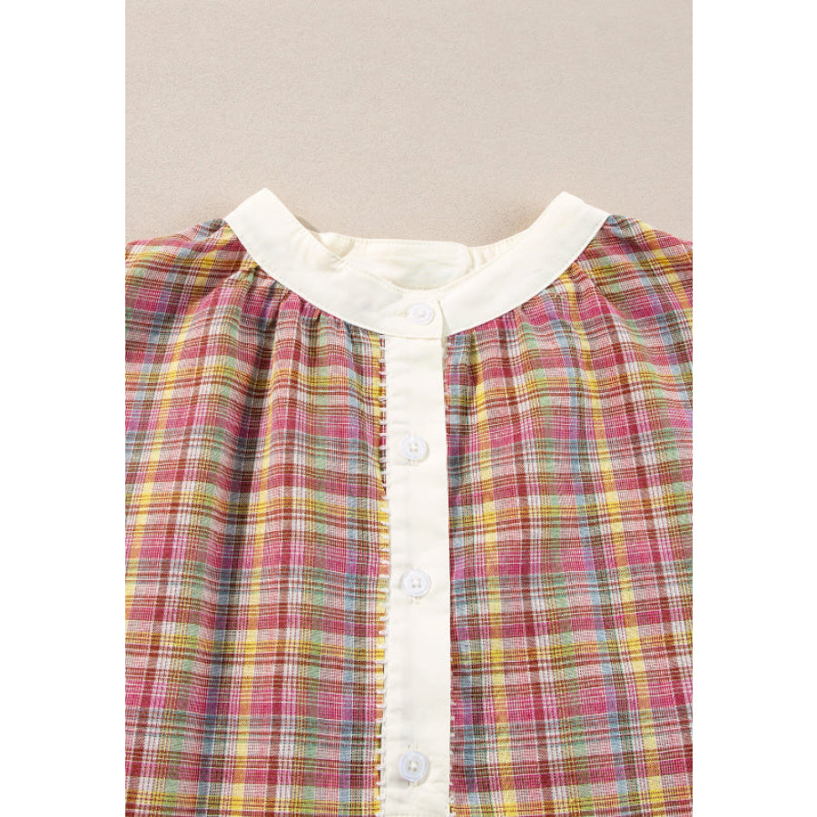 Mulit-Color Plaid Round Neck Long Sleeve Blouse Apparel and Accessories