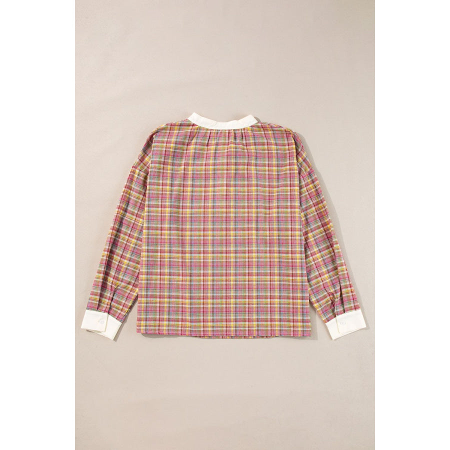 Mulit-Color Plaid Round Neck Long Sleeve Blouse Apparel and Accessories