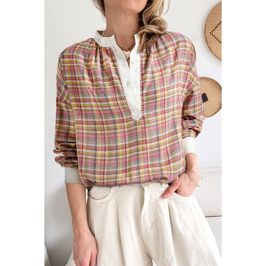 Mulit-Color Plaid Round Neck Long Sleeve Blouse Dusty Pink / S Apparel and Accessories