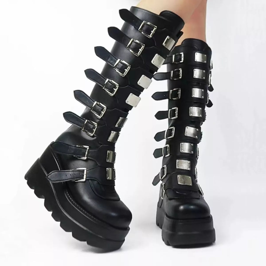 Multi-Buckle Platform Knee-High Boots Apparel and Accessories