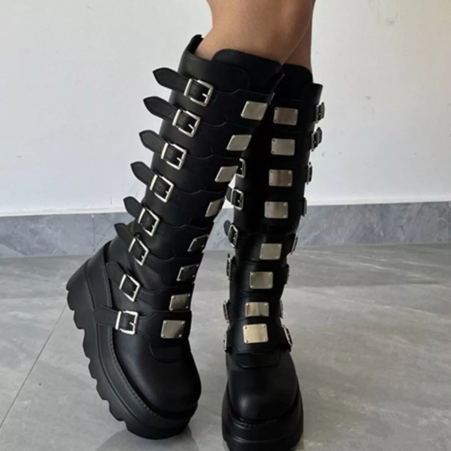 Multi-Buckle Platform Knee-High Boots Black / 35 Apparel and Accessories